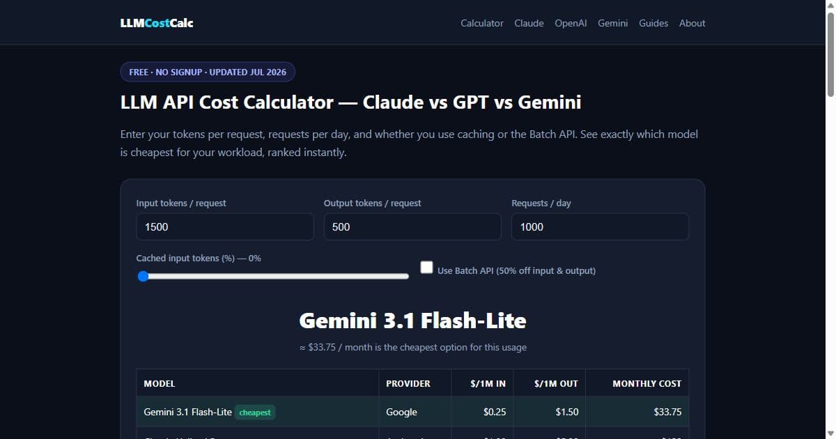 LLM API Cost Calculator のプレビュー